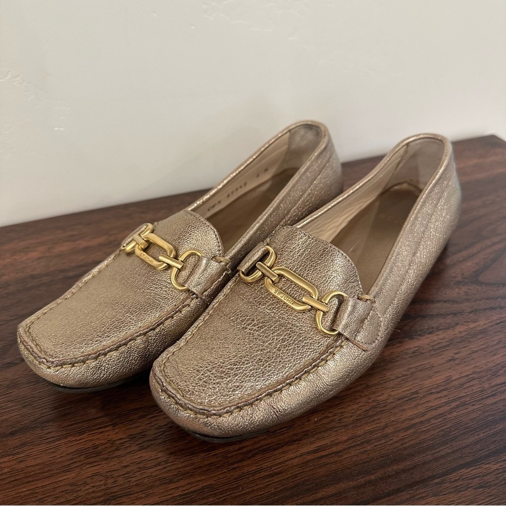 St John Gold Metallic Loafer Driving Shoe Size 6